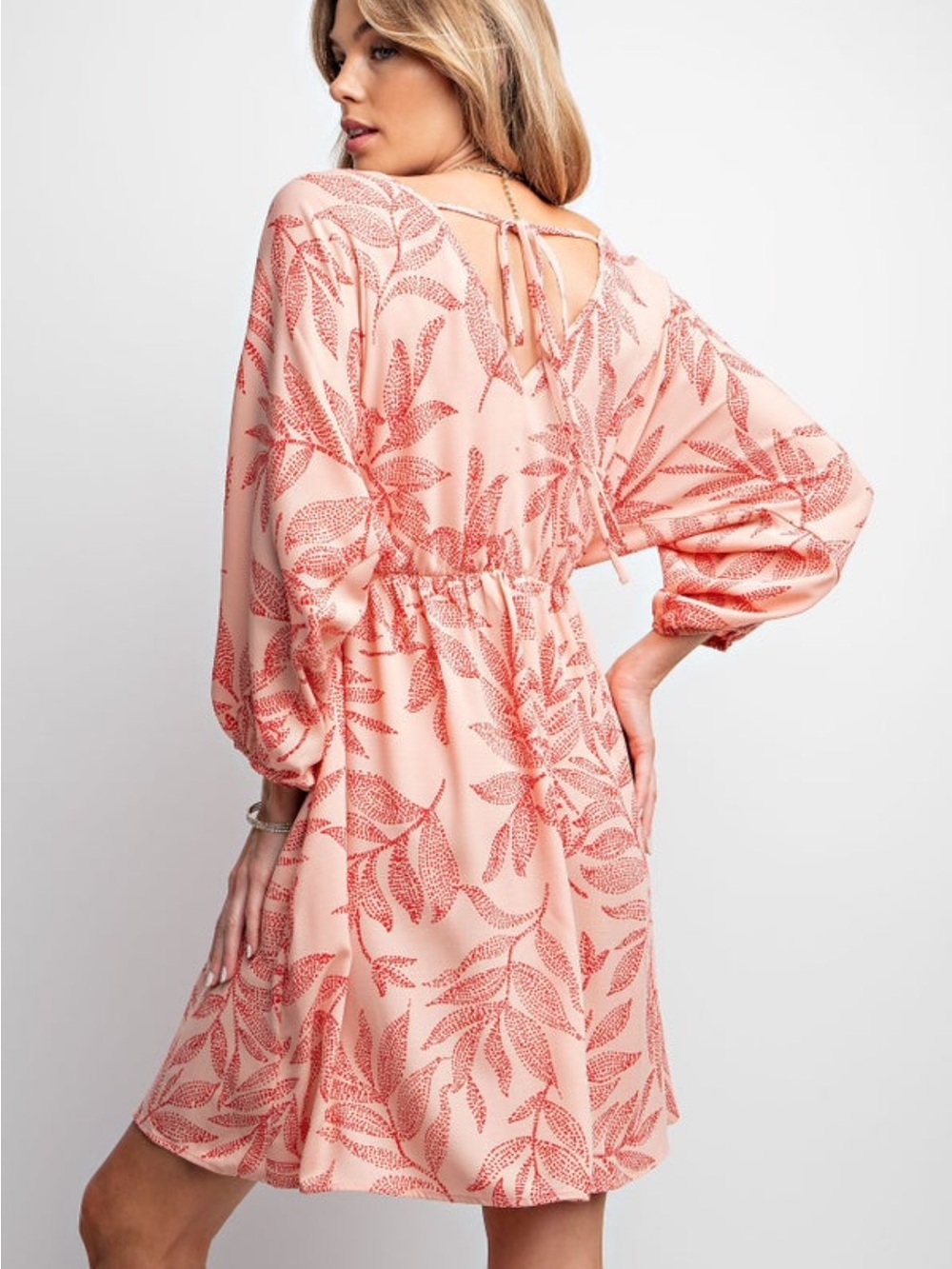 EASEL Pink Coral Leaf-Print V-Neck Tiered Mini Dress - Picture 3 of 3